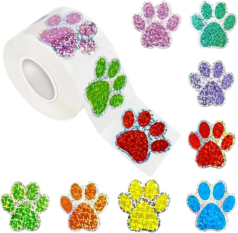RUPOFUZA 500Pcs Cute Dog Paws Vinyl Stickers Roll 1in Glitter Stickers 8 Colors Cute Dog Footprints Label Tag Self-Adhesive Classroom Reward Waterproof Decals for Bottle Birthday Party Decor - Image 1